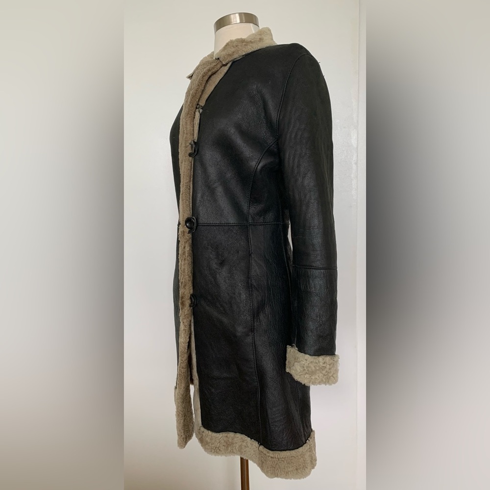 BOD & CHRISTENSEN Black Leather & Shearling Knee Length Coat - Picture 3 of 16